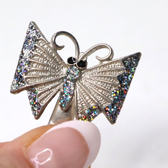Mini Y2K Butterfly Alligator Clip Silver Tone Glitter Metallic Hair Accessory - Picture 4 of 9